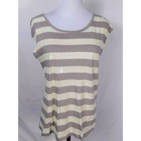 Ann Taylor Loft Top Womens Sz S Grey-Beige White Striped Sequin Cotton - Picture 1 of 9